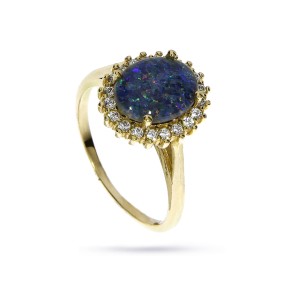 Naturalny opal błękitny złoty pierścionek zaręczynowy cyrkonie